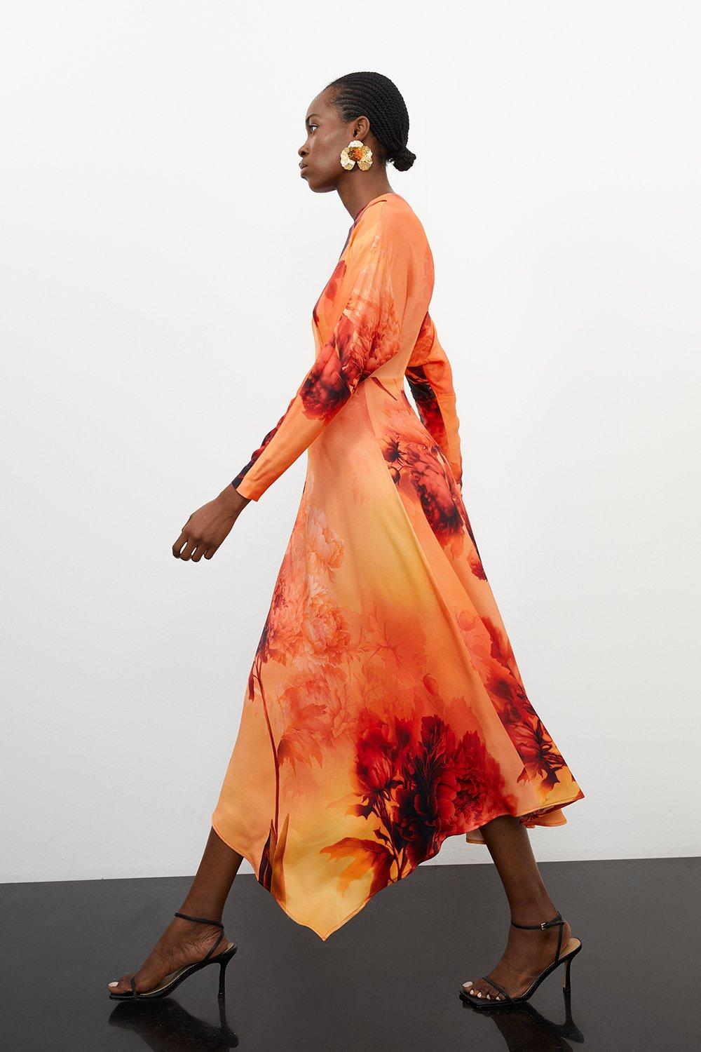 ◆KAREN MILLEN◆ 花柄ビスコースリネンマキシスカート / orange GRACE KARIN Women Strapless Casual Loose Ruched Long Maxi
